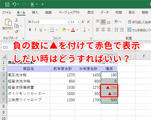 エクセルでマイナスの数値を赤文字にするには？