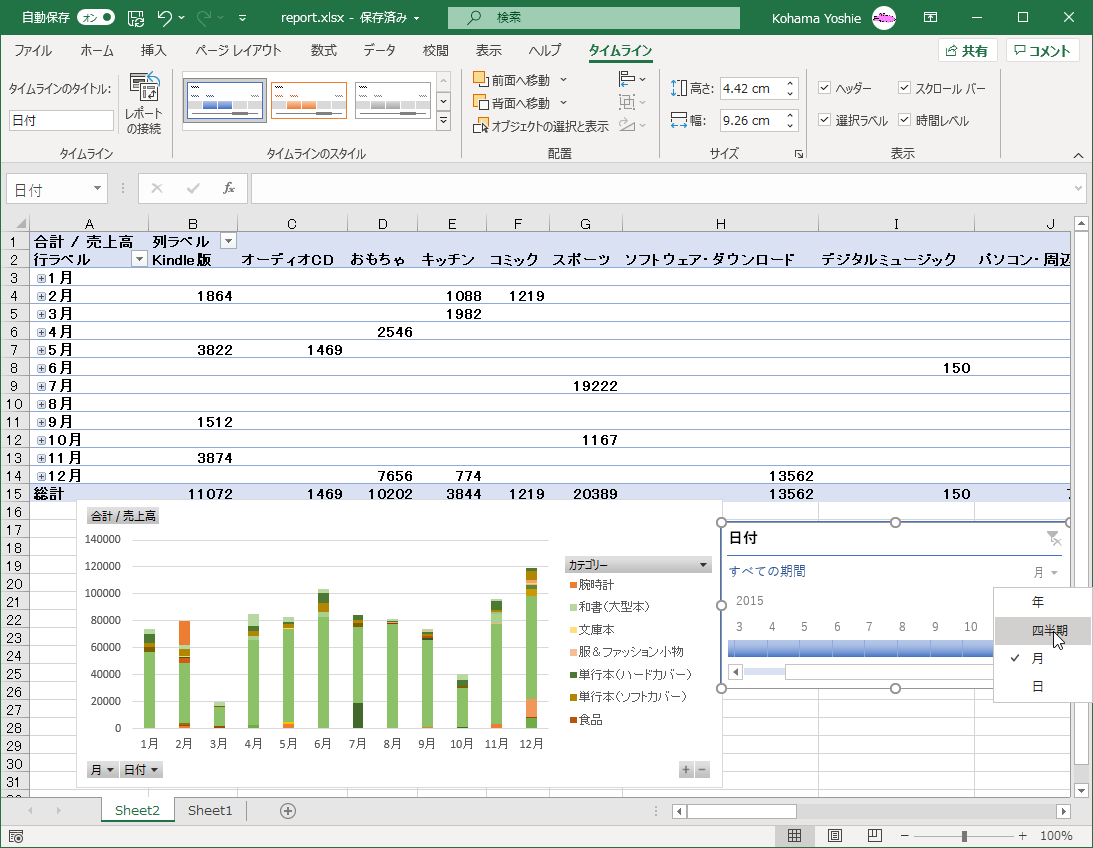 エクセルのタイムラインに日付を表示するには？