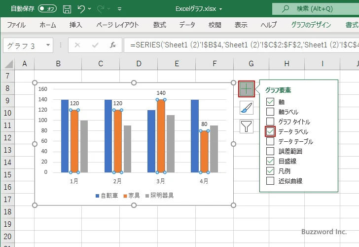 Excelのグラフのデータラベルの設定方法は？
